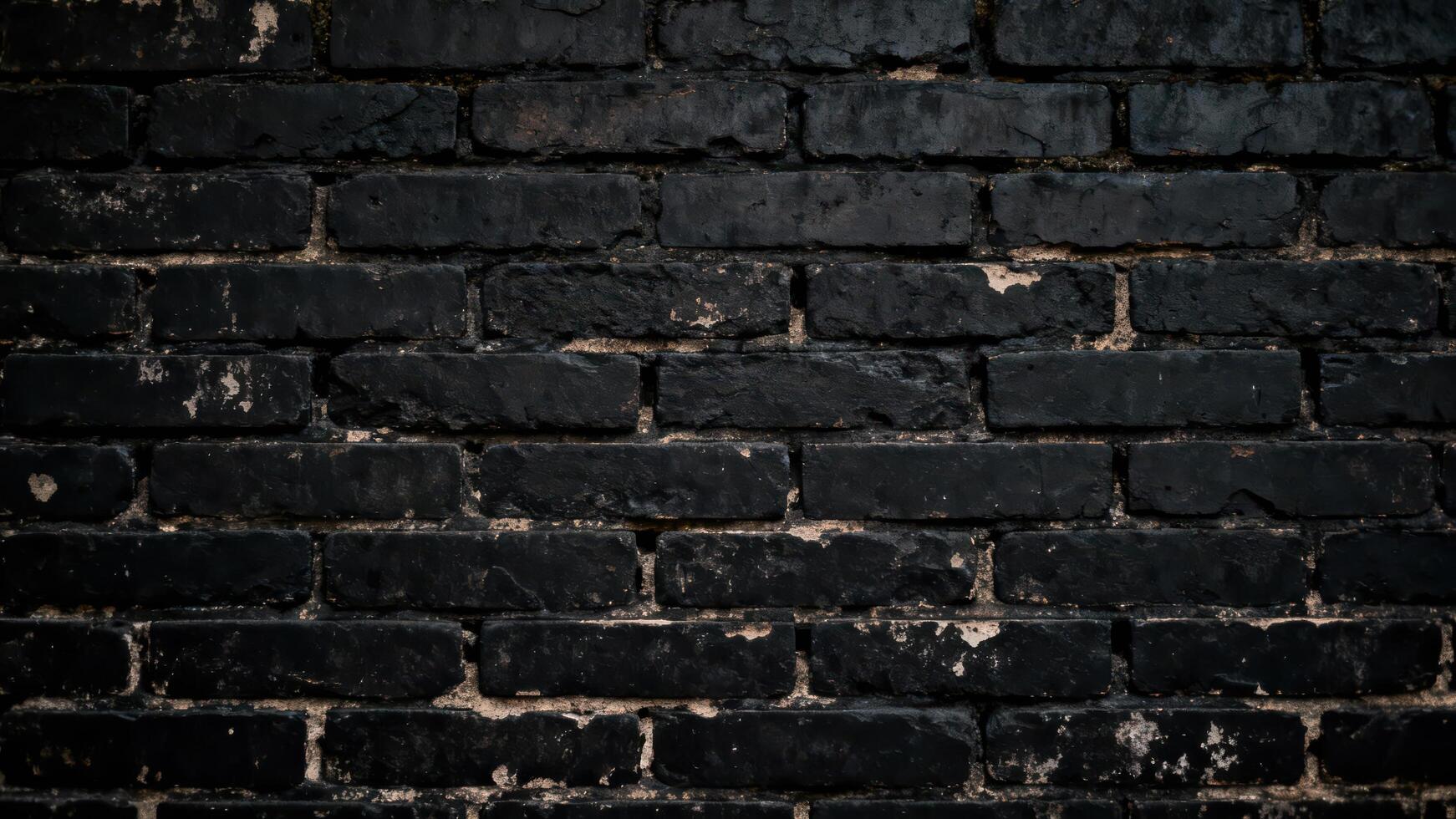 Weathered dark facade constructed from rectangular masonry units features rough texture photo