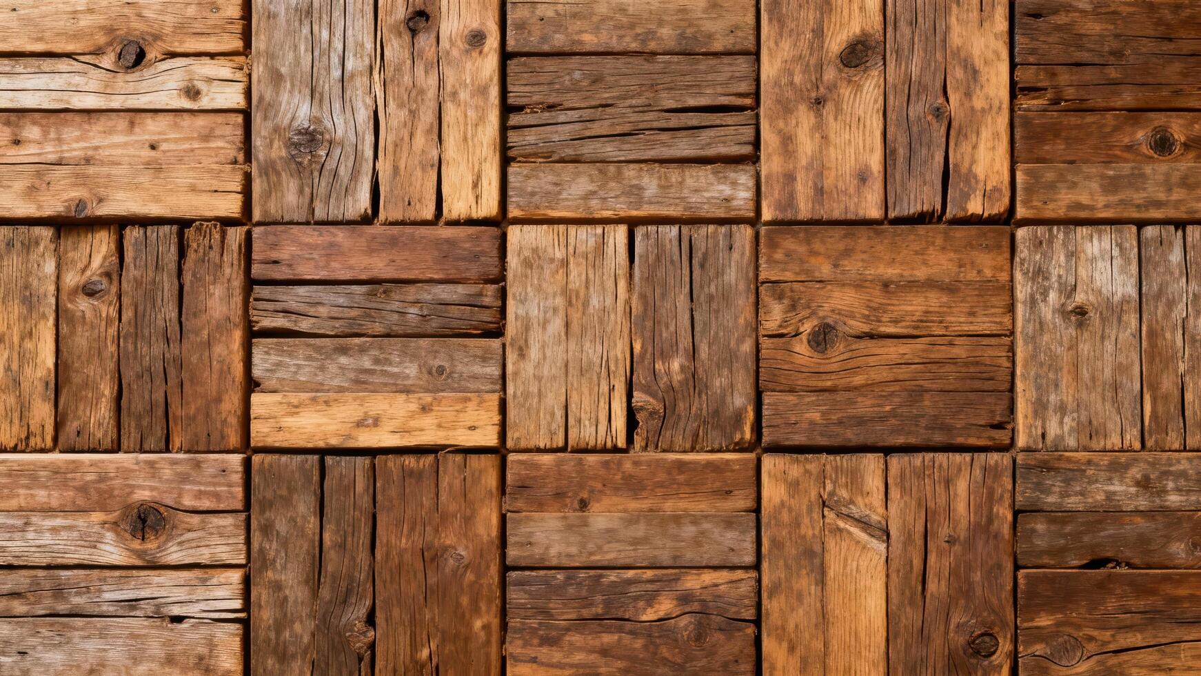 Rough reclaimed timber planks form a textured, interlocking surface pattern photo
