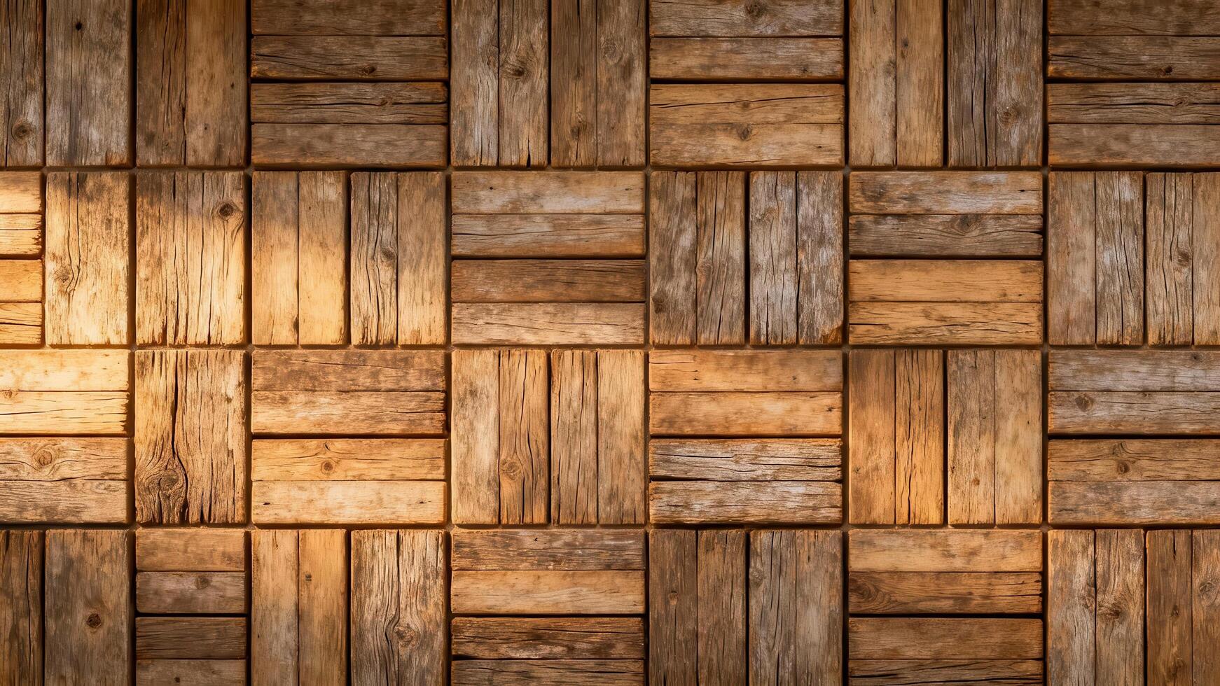 Aged wooden planks form a visually rich, repeating geometric pattern illuminated by warm directional light. photo