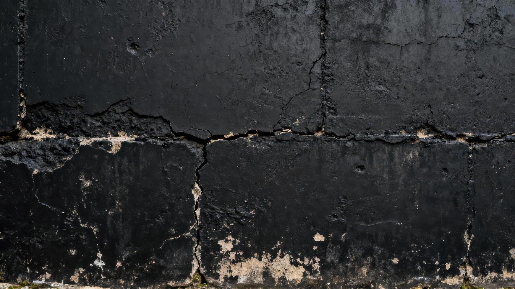 Weathered concrete structure displays extensive dark surface damage and deep fissure lines photo