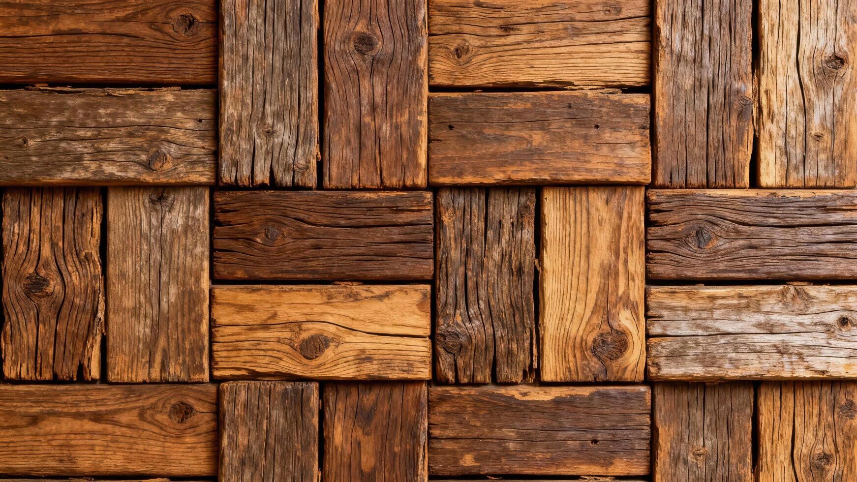 Richly textured reclaimed wood planks form an interlocking patchwork background surface photo