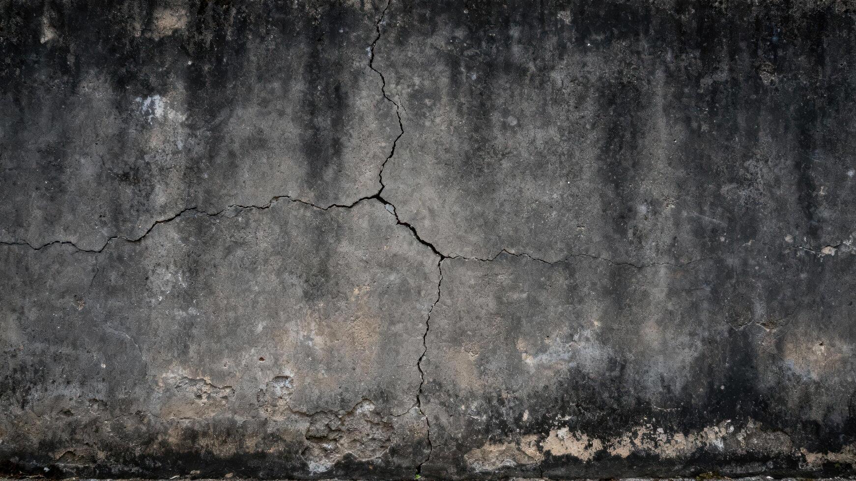 Aged concrete surface displays extensive weathering and deep structural fissures photo