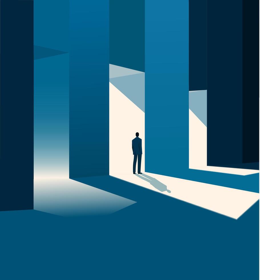 A minimalist illustration of a person standing in a space with tall architectural columns and light streaming through the opening vector