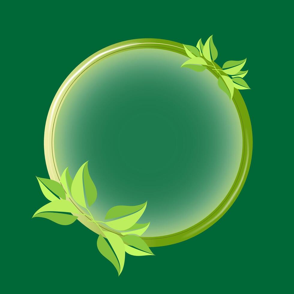 Green round frame with a glossy gradient and decorative leaves vector