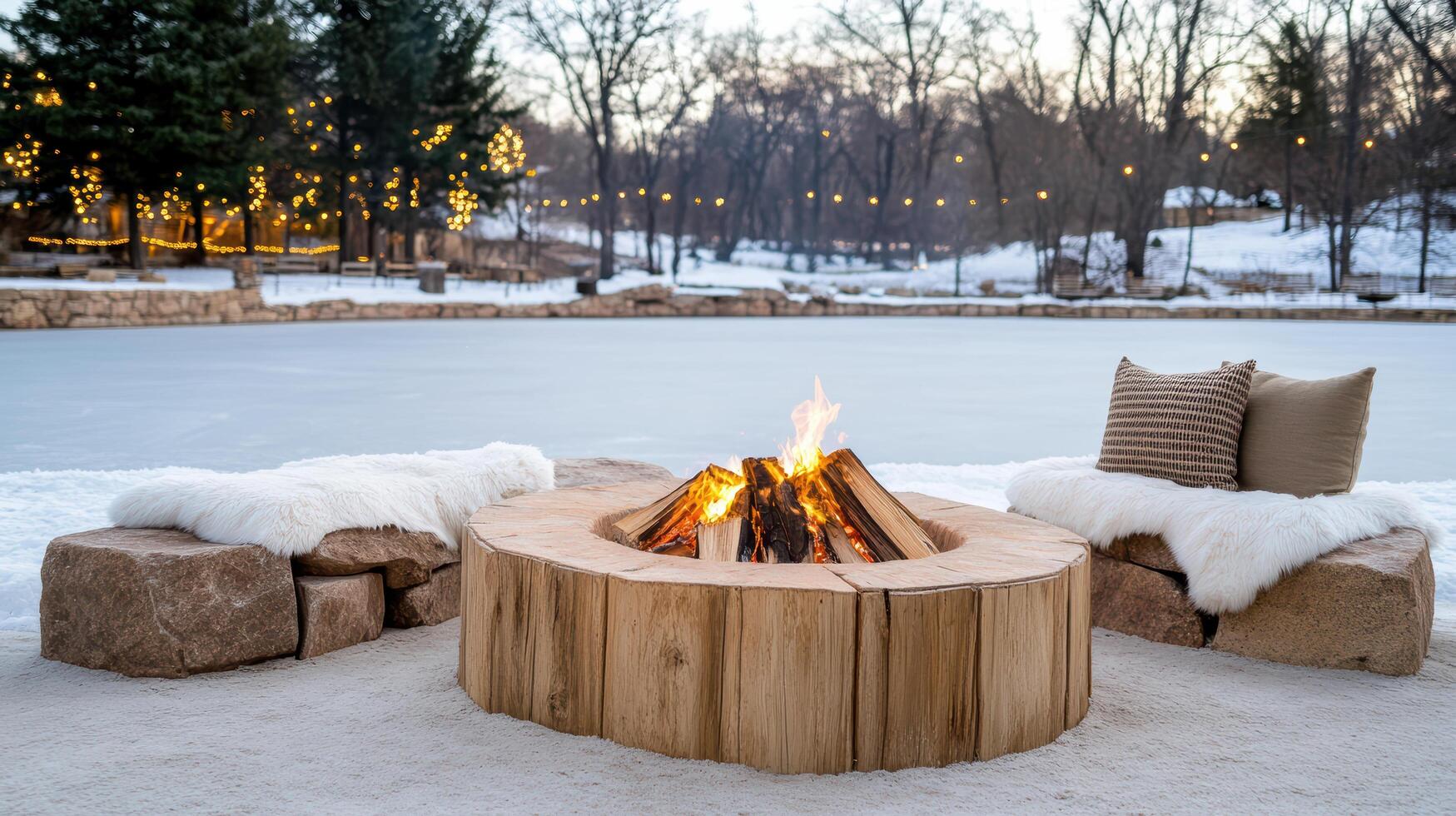 A fire pit in the snow with a bench and a tree photo