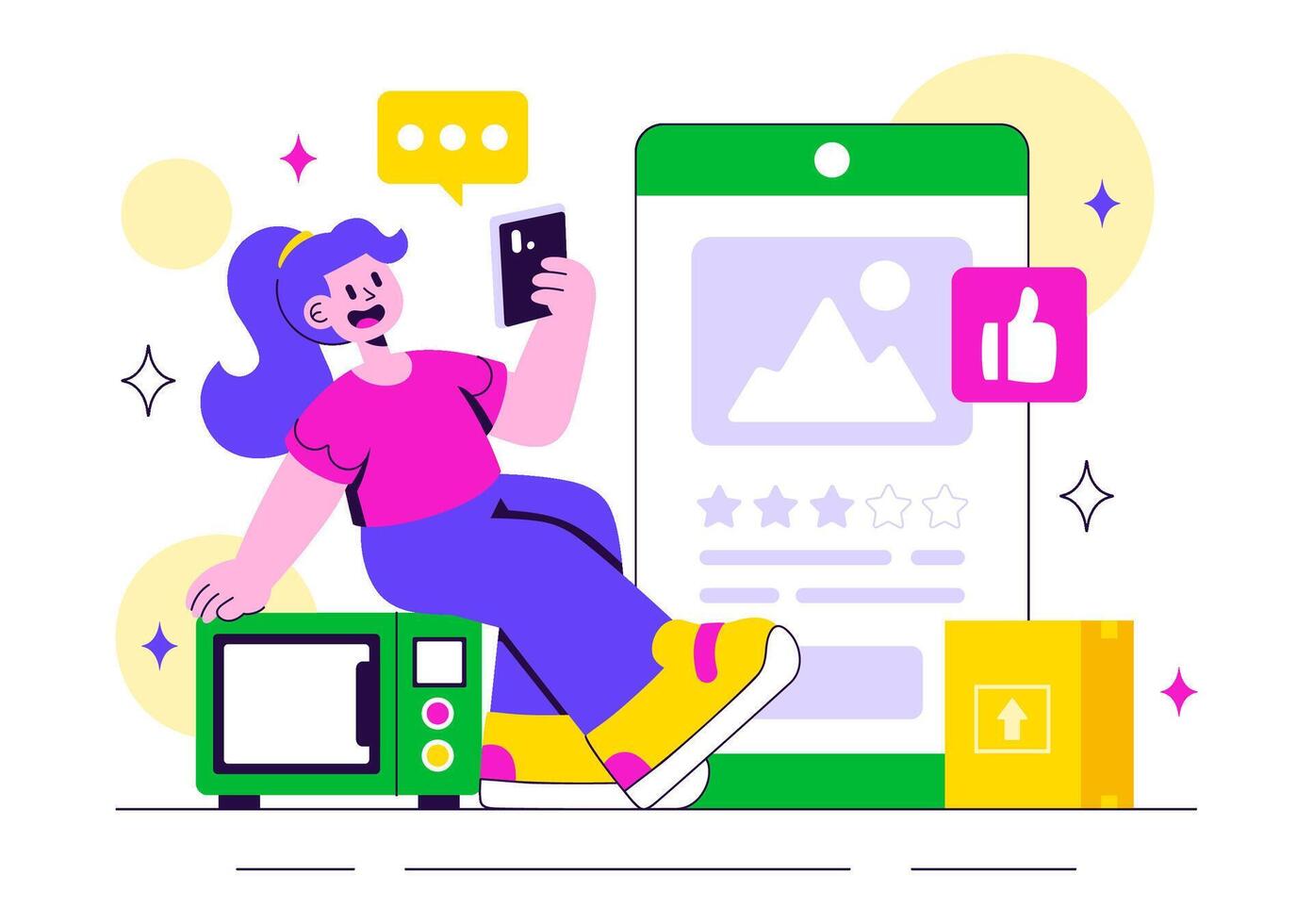 Service Quality Electronics Design Highlighting User Reviews and Product Evaluation in a Bright Flat Cartoon Background vector