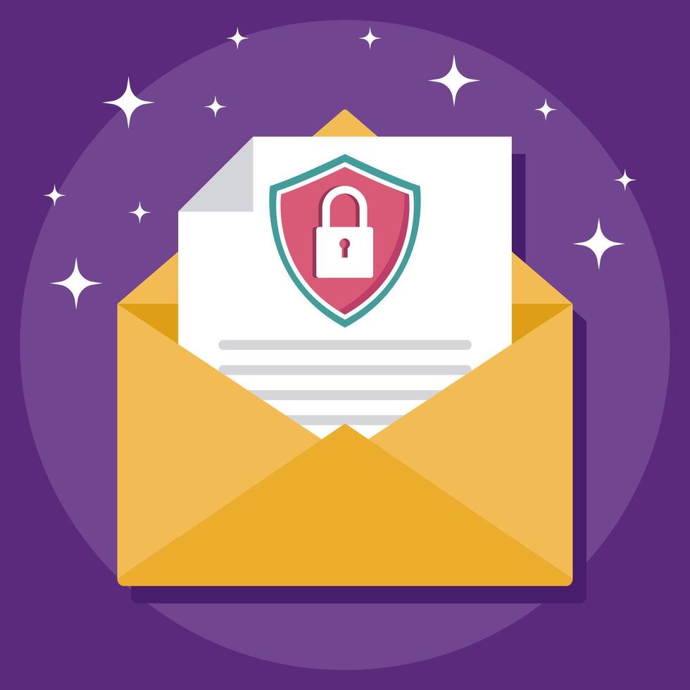 Illustration of a Secure Email or Document Inside an Open Envelope with a Shield and Padlock Symbol on a Purple Background vector