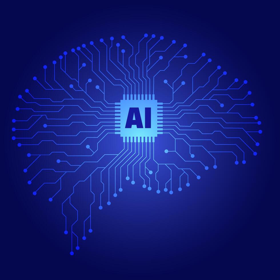Illustration of a Digital Brain Made of Circuit Board Lines and an AI Chip Representing Artificial Intelligence Machine Learning and Technology vector