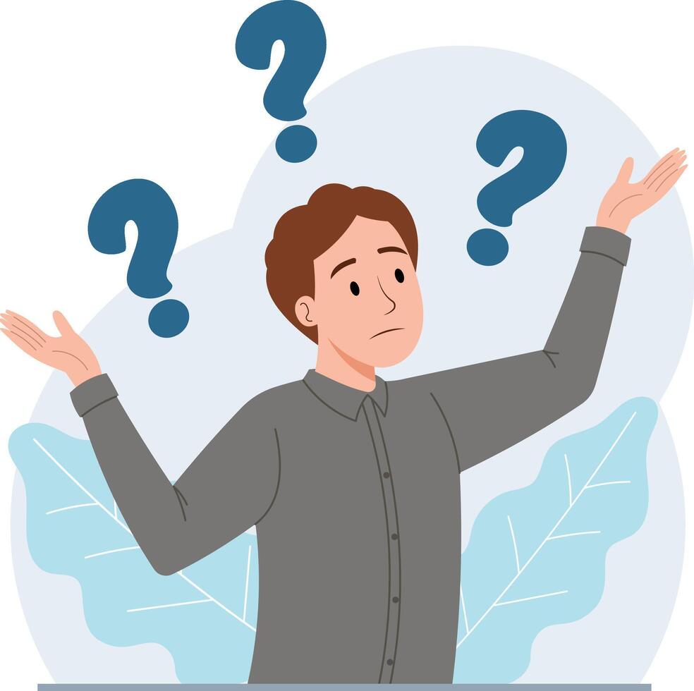 Illustration of a Confused Man Shrugging with Question Marks Indicating Uncertainty Problem Solving or Need for Answers vector