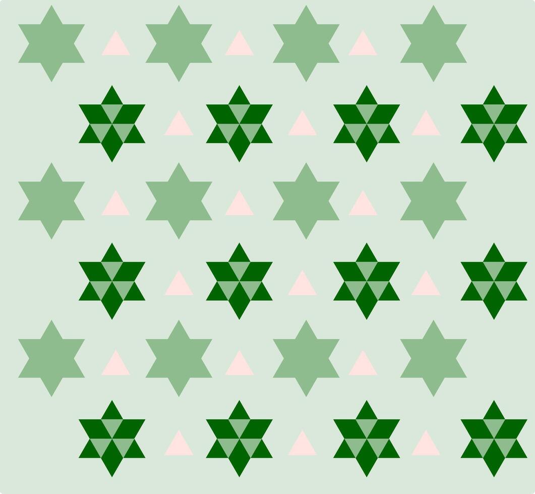 A geometric pattern composed of repeating light green and dark green six-pointed stars interspersed with small pink triangles on a pale green background. vector