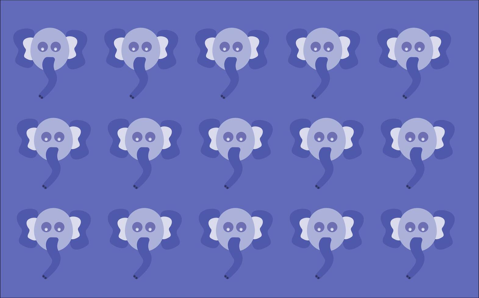 A repeating pattern of stylized elephant heads with prominent trunks and large ears in various shades of blue and purple on a solid periwinkle background. vector