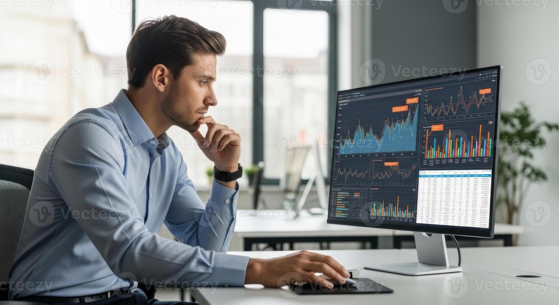 A man sitting at a desk with a computer screen showing graphs photo