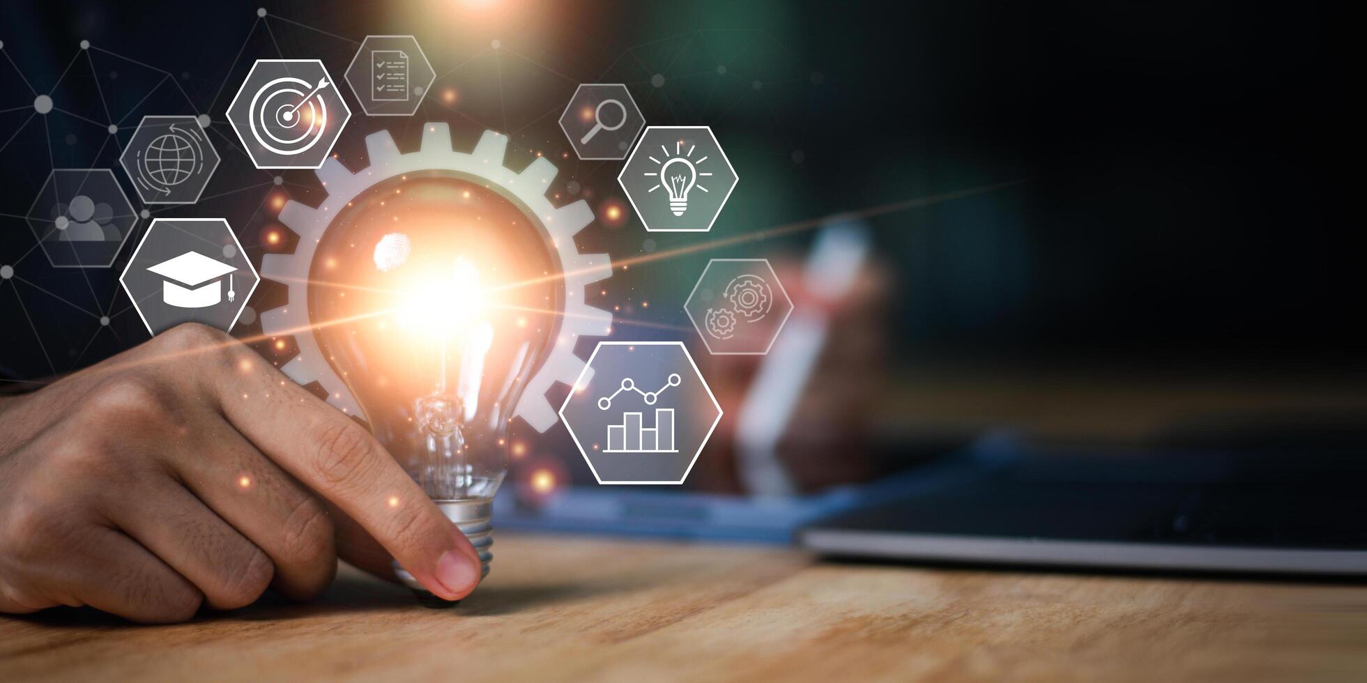 Concept of innovation, creativity, and solution development representing modern ideas, business growth, digital strategy, and success through technology and smart thinking. photo