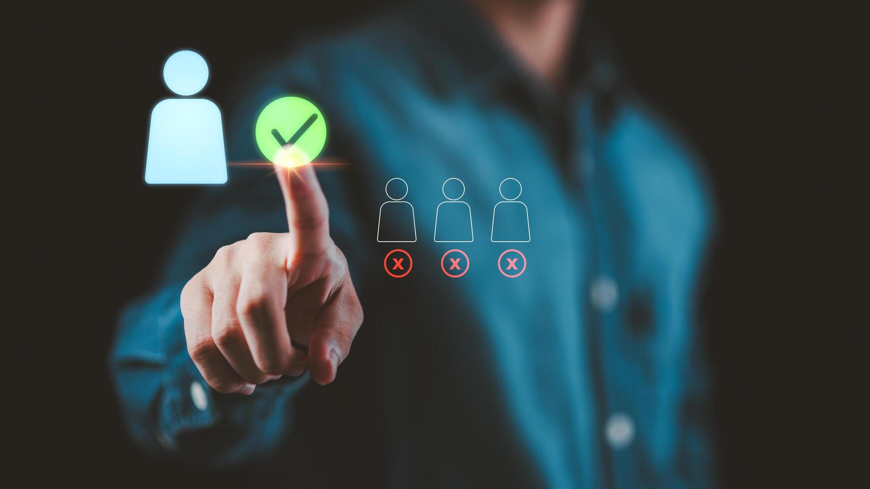 Person selecting a glowing user icon with a green check mark on digital interface, symbolizing recruitment, employee selection, human resources, and business decision-making concept. photo