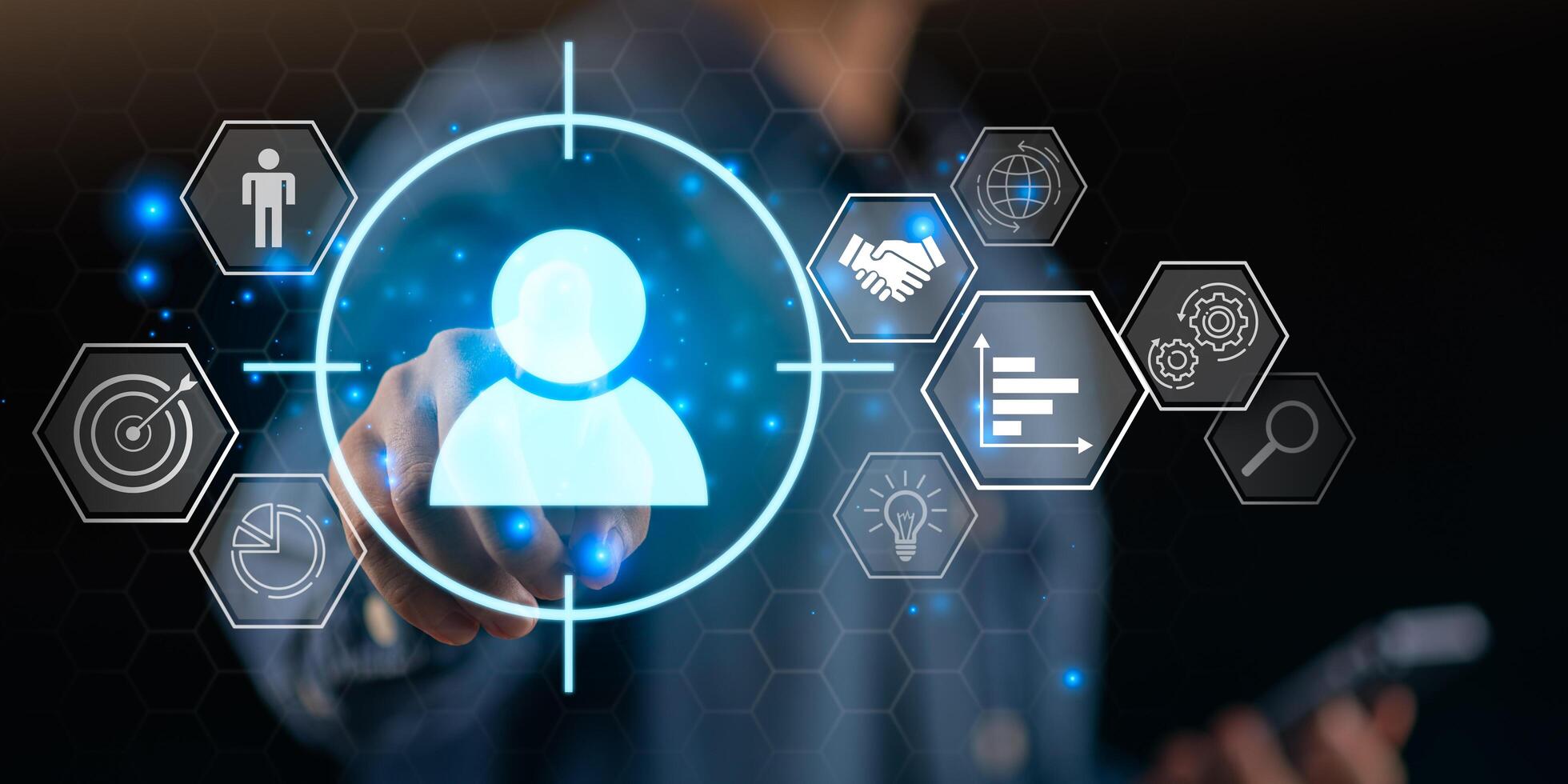 business professional interacts with digital interface featuring customer targeting icons, data analytics symbols, marketing technology elements, highlighting precision marketing and customer insights photo