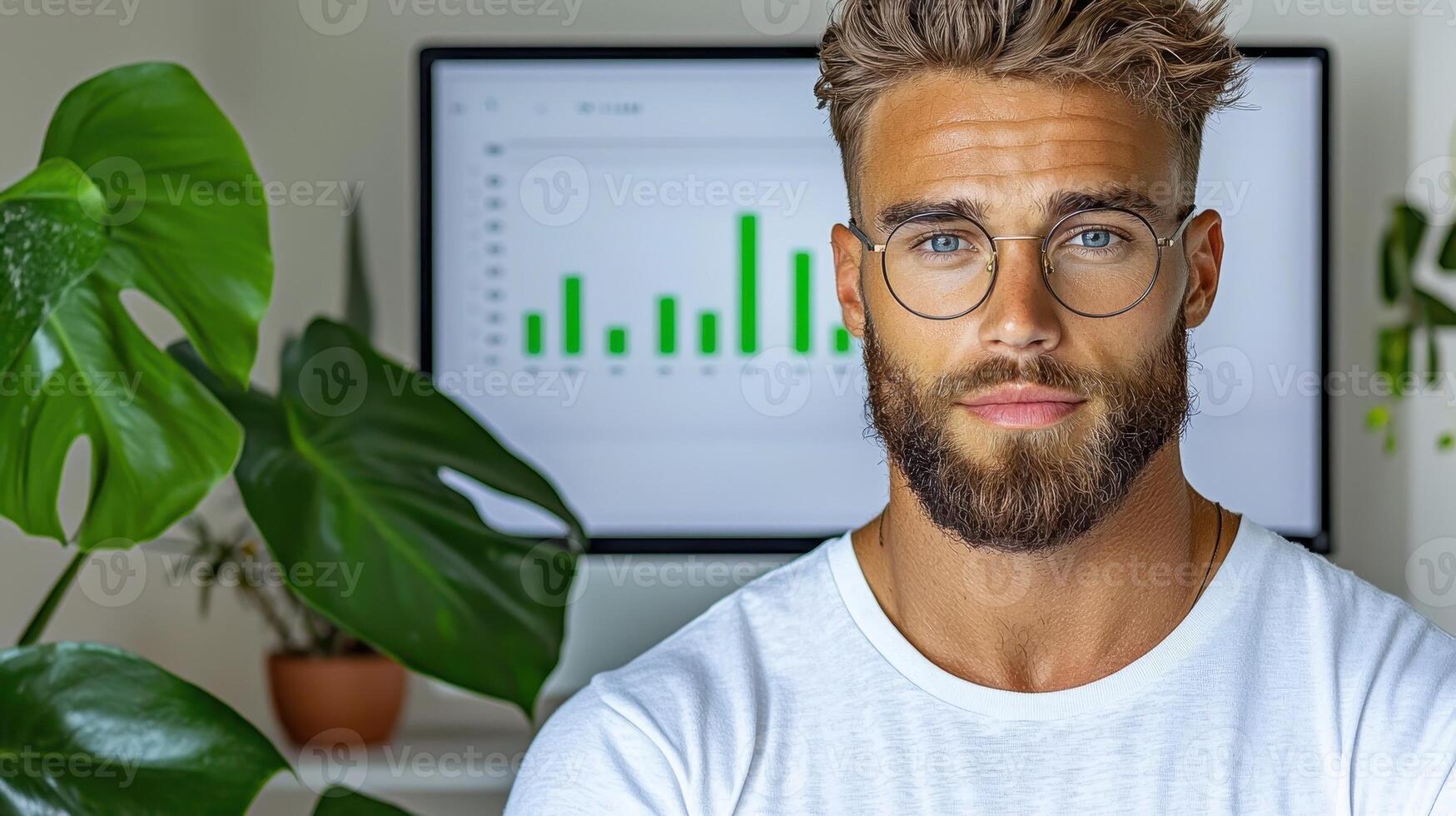Focused Man with Beard Wearing Glasses in Front of Monitor with Graph photo