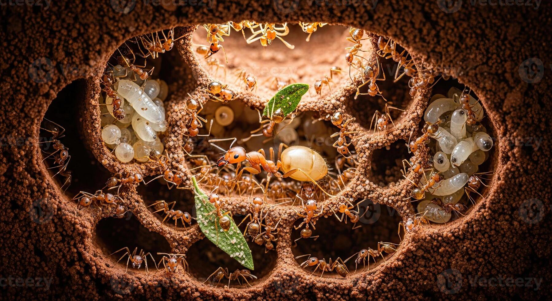 Ant colony with larvae and eggs in a cross-section view of their underground nest. photo