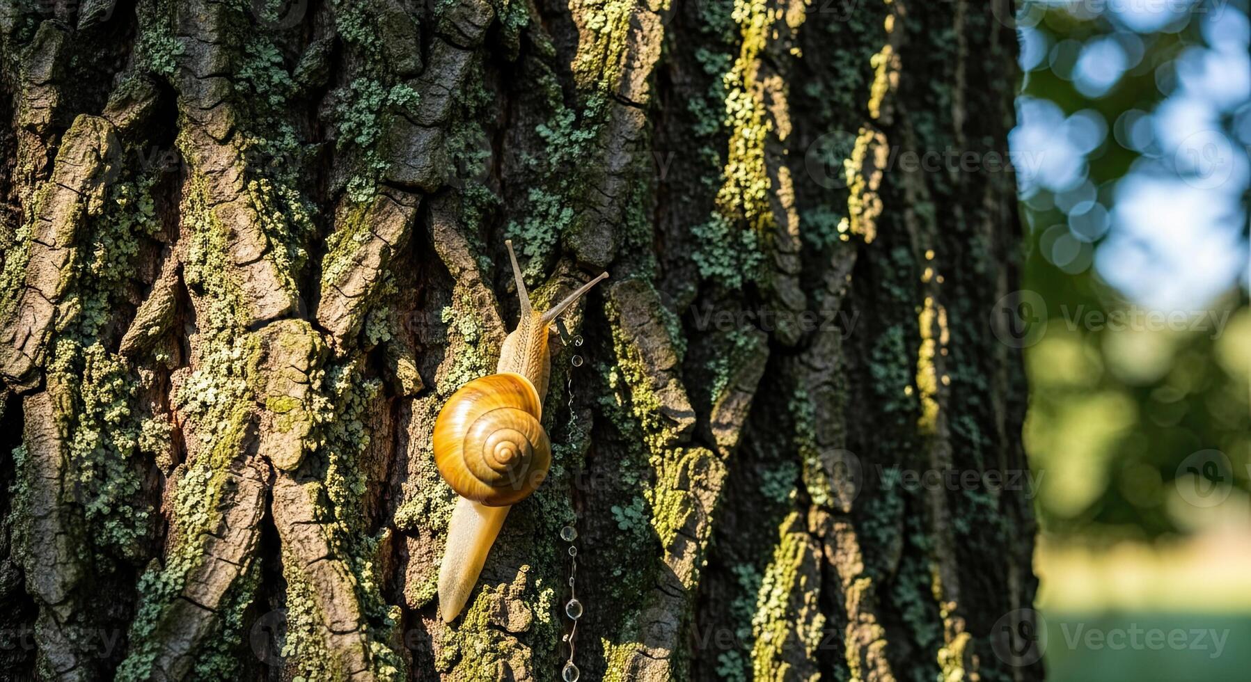 Close up of a snail slowly climbing up the rough bark of a large tree in the sunlight. photo