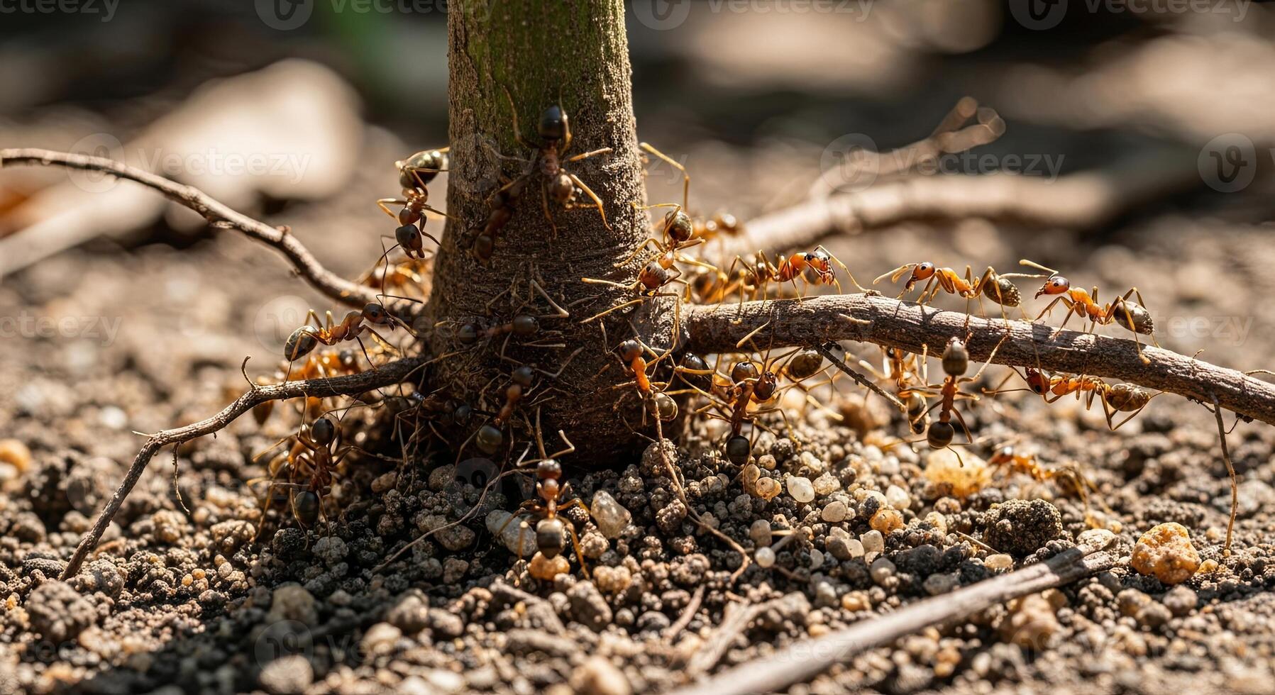 Close-up of a colony of ants crawling around the base of a small plant stem in the soil on a sunny day. photo