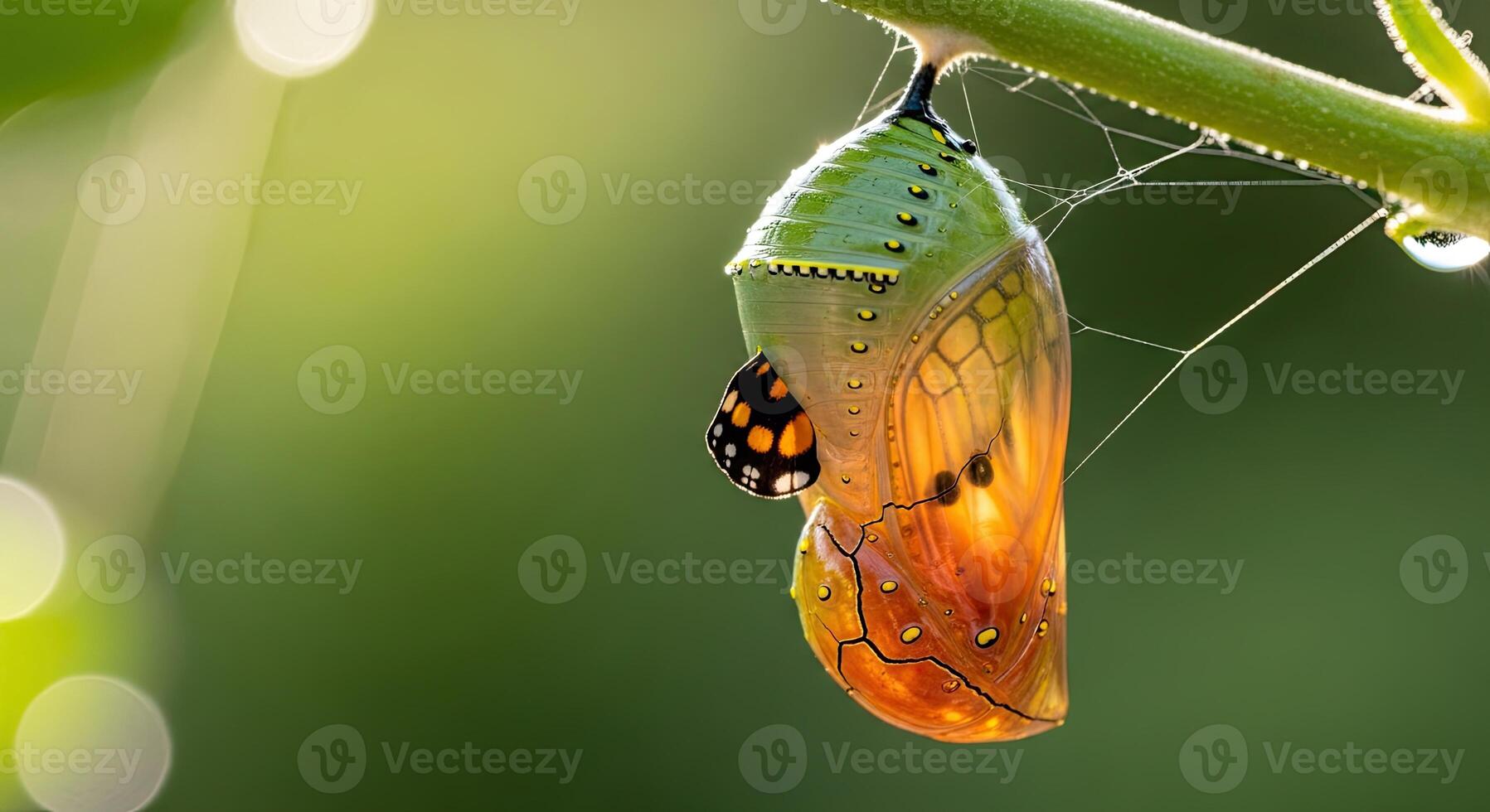 Monarch Butterfly Chrysalis Emerging with Spiderweb Dew Drops. photo