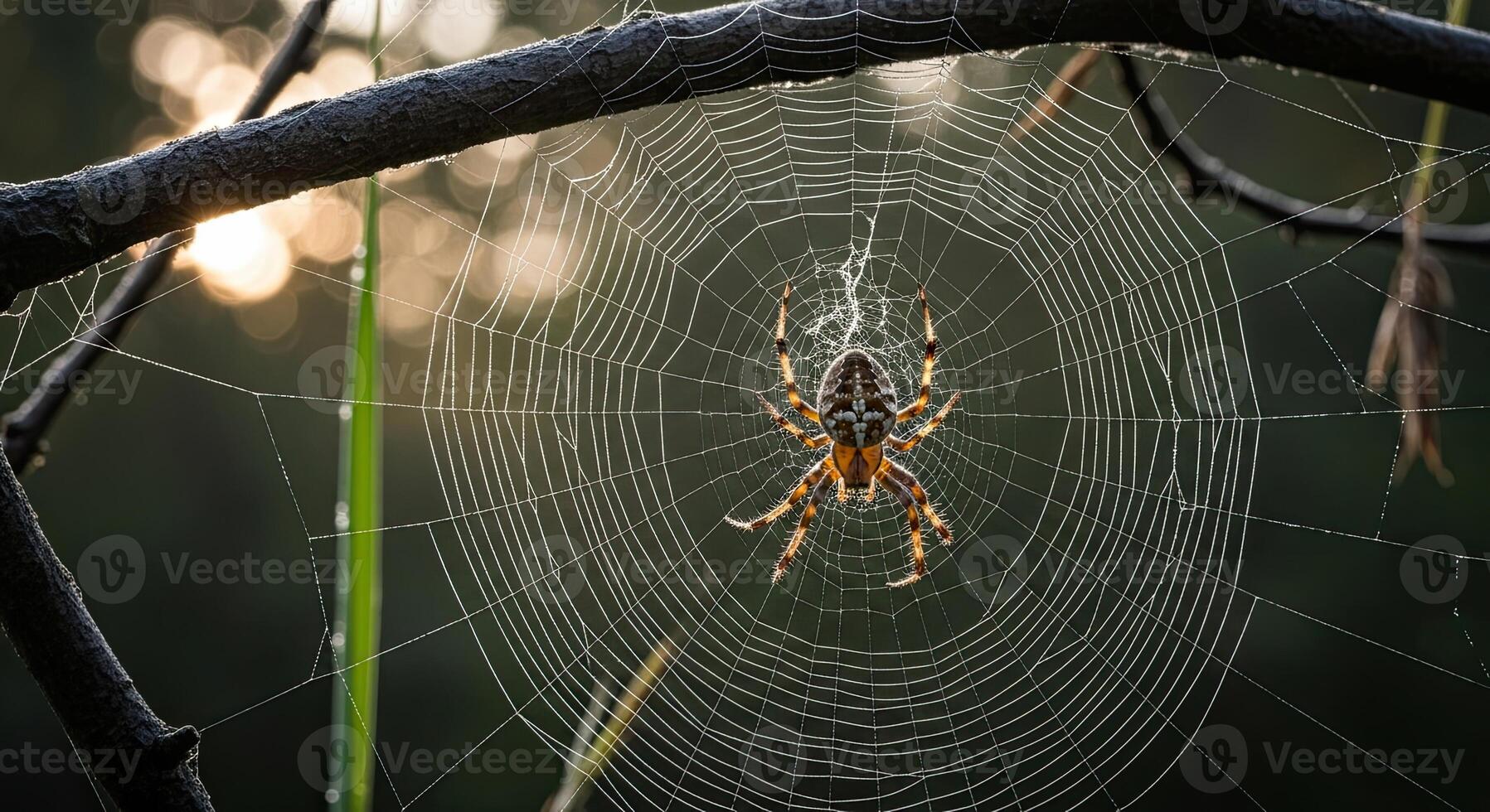 Spider waiting in its intricate web in the forest. photo