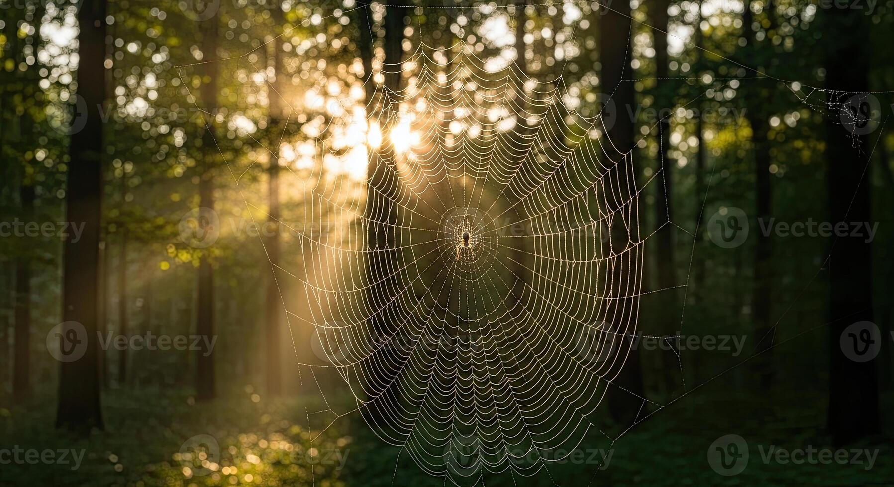 Spiderweb in a sunlit forest with golden rays of light filtering through the trees. photo