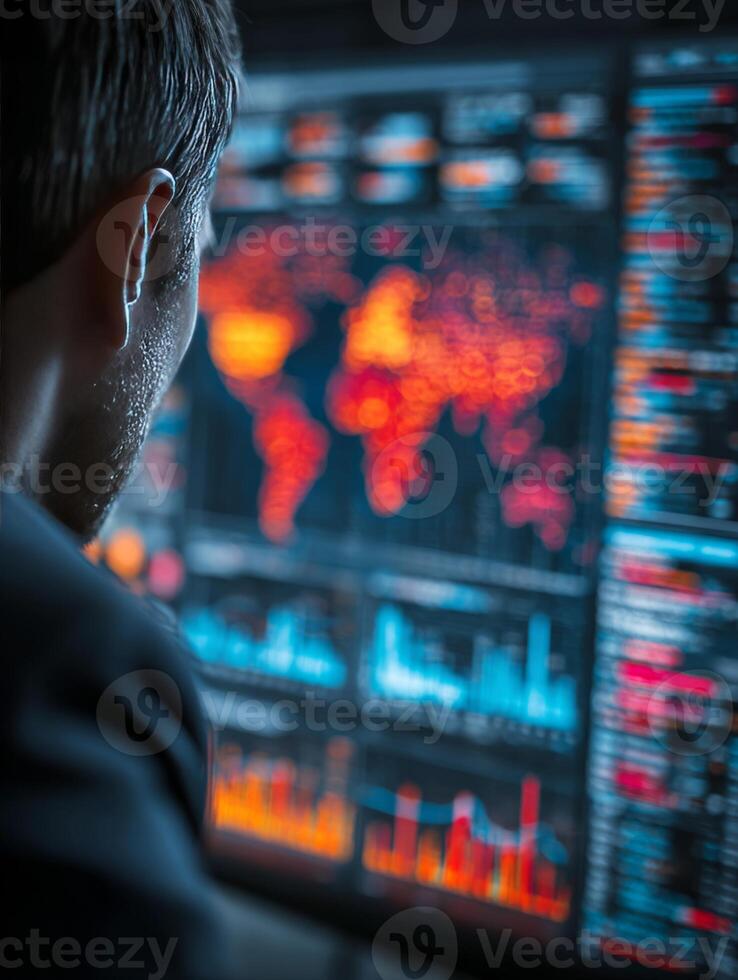 Man monitoring global data on a large screen photo