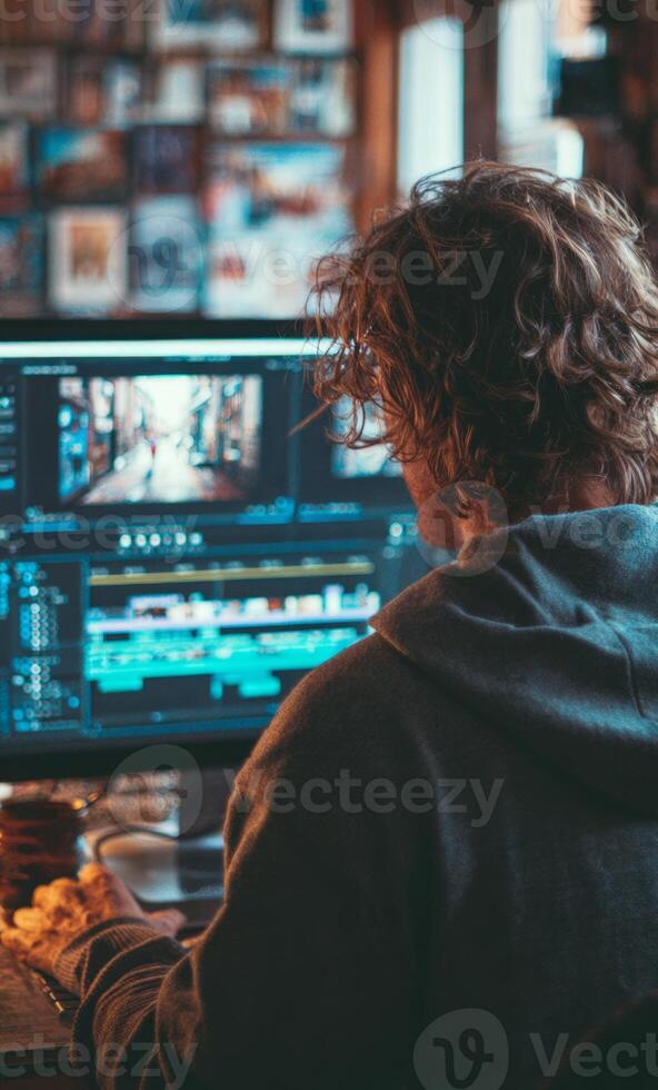 masculino editor creando contenido utilizando computadora software foto