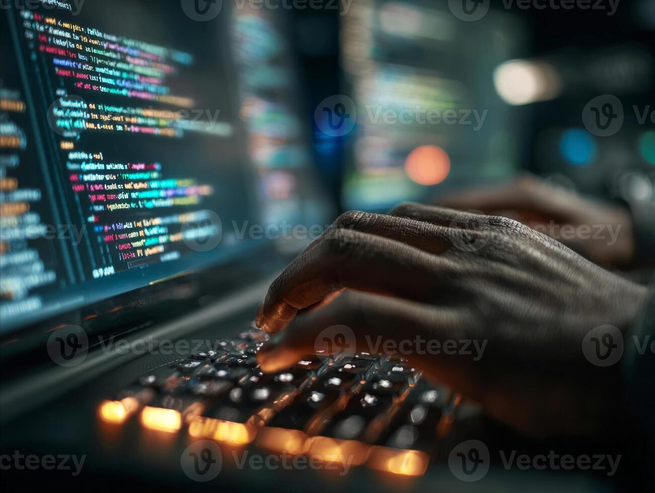 Developer hands typing code on backlit keyboard at night photo