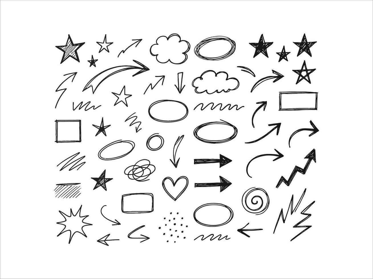 casual notebook scribble elements with stars, arrows and shapes, vector