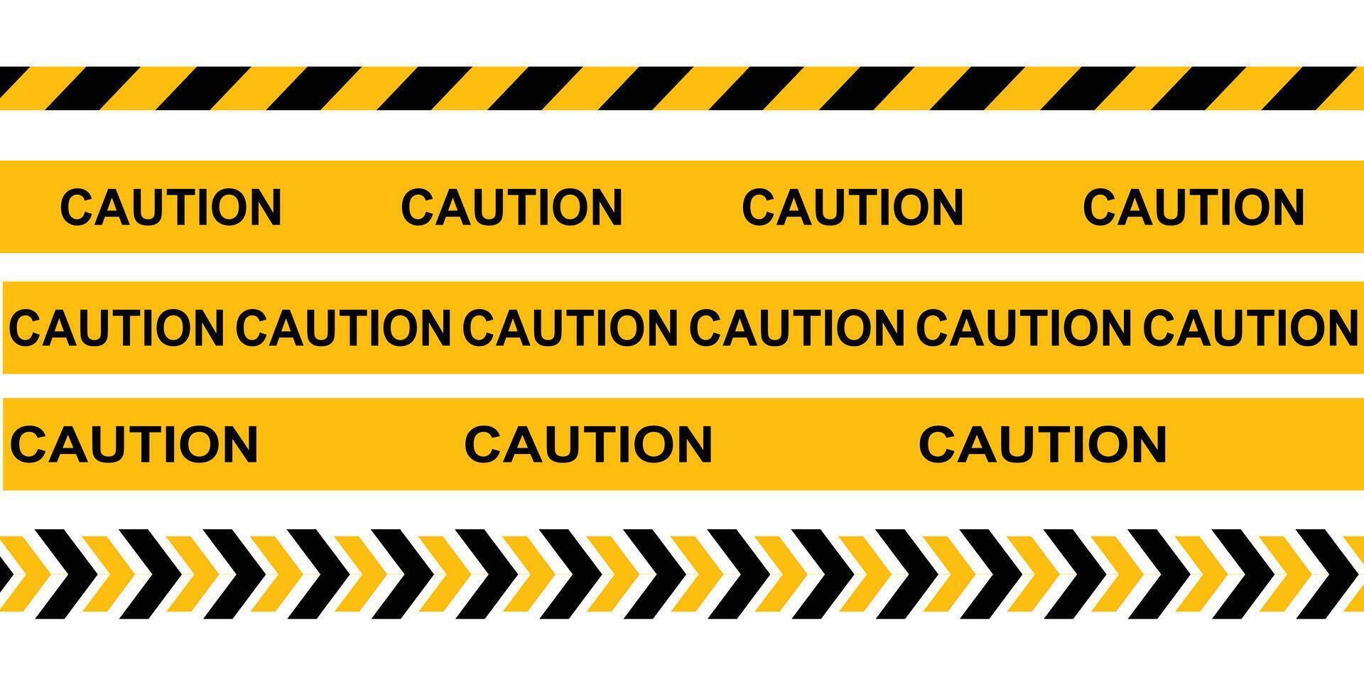 Multiple caution tape strips with repeated warning text and hazard stripes vector
