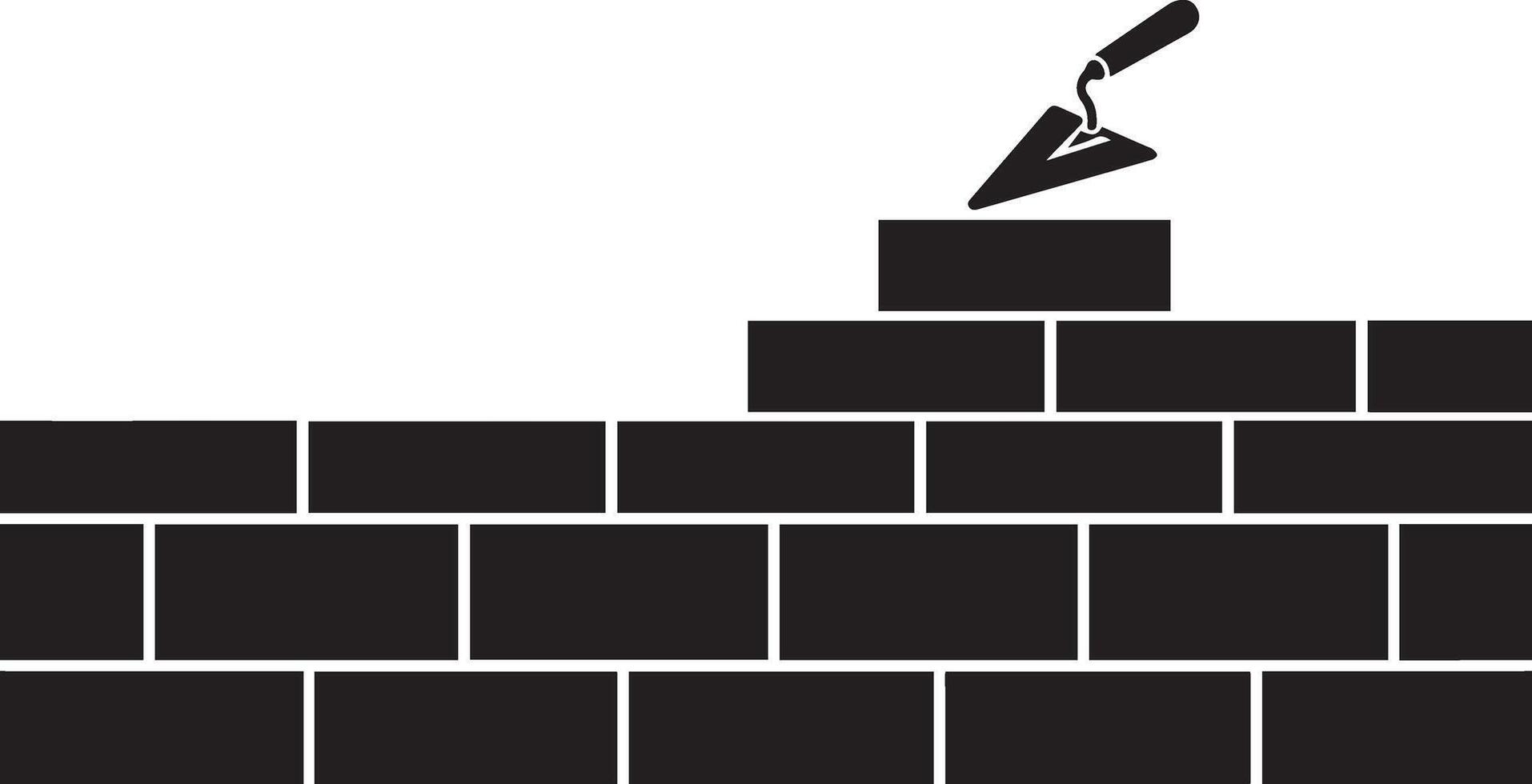 Monochromatic illustration of a brick wall in progress, with a masonry trowel adding a new brick, symbolizing construction, development, and growth vector