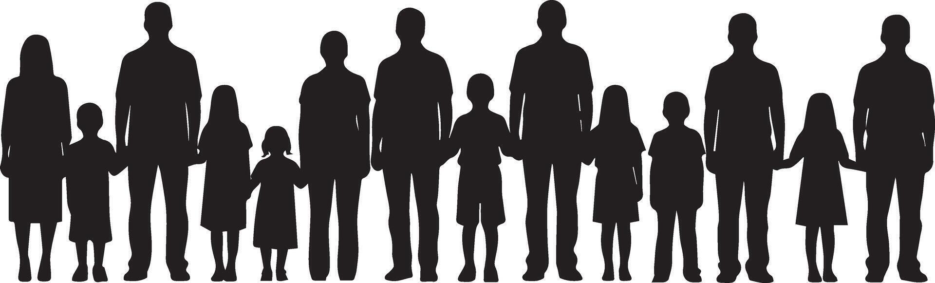 Diverse family silhouettes representing different ages and sizes, symbolizing unity and generations vector