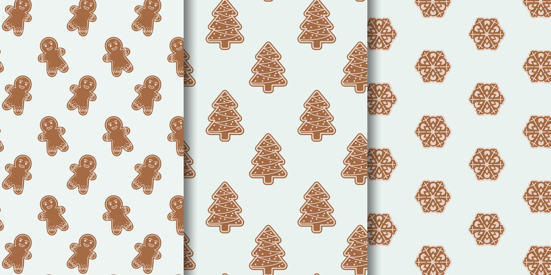 Set of three gingerbread-themed patterns on light blue diagonal gingerbread men, grid of tree-shaped cookies with icing, and grid of snowflake-shaped cookies. Festive and cozy design for seasonal use vector