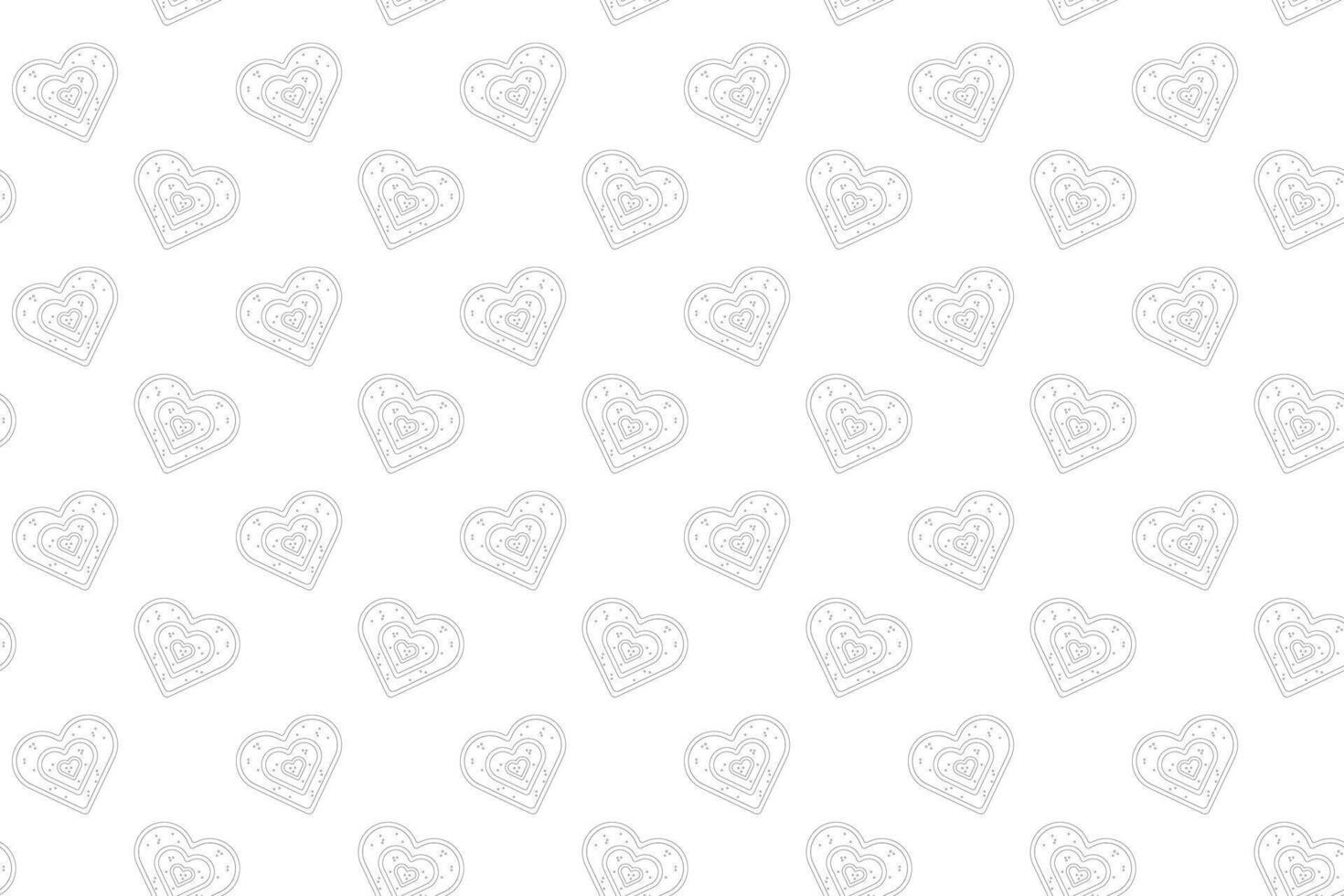 Seamless pattern of heart-shaped cookies with dotted inner hearts, outlined in black on white background. Diagonal layout. Monochrome festive design ideal for wrapping paper vector