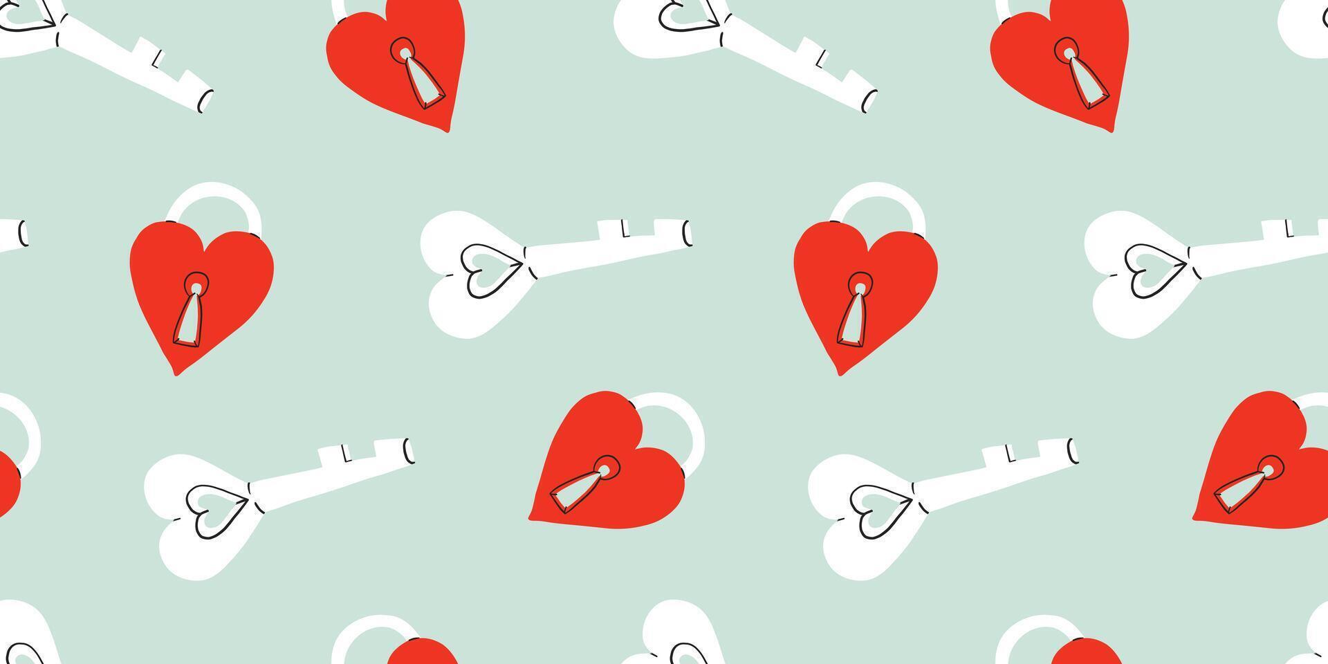 Seamless pattern with Romantic keys and locks for Valentine's day, mint background. Key, lock, heart. 8 March, Mother's day, Valentine's Day background. Textile, wrapping paper, email banner, fabric. vector