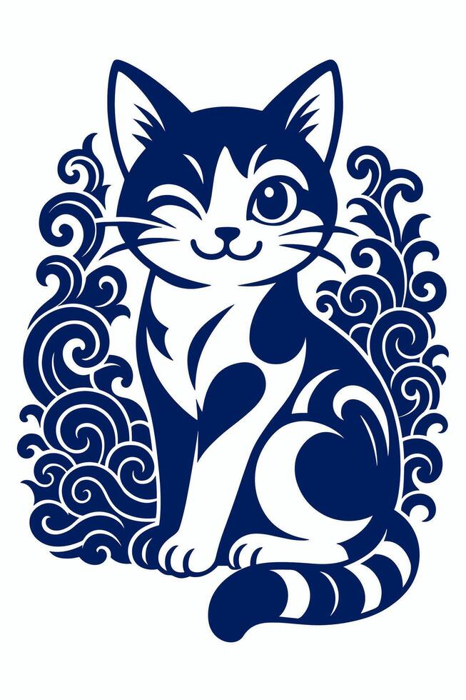 Smiling blue and white cat with floral patterns curling its tail in playful friendly pose vector