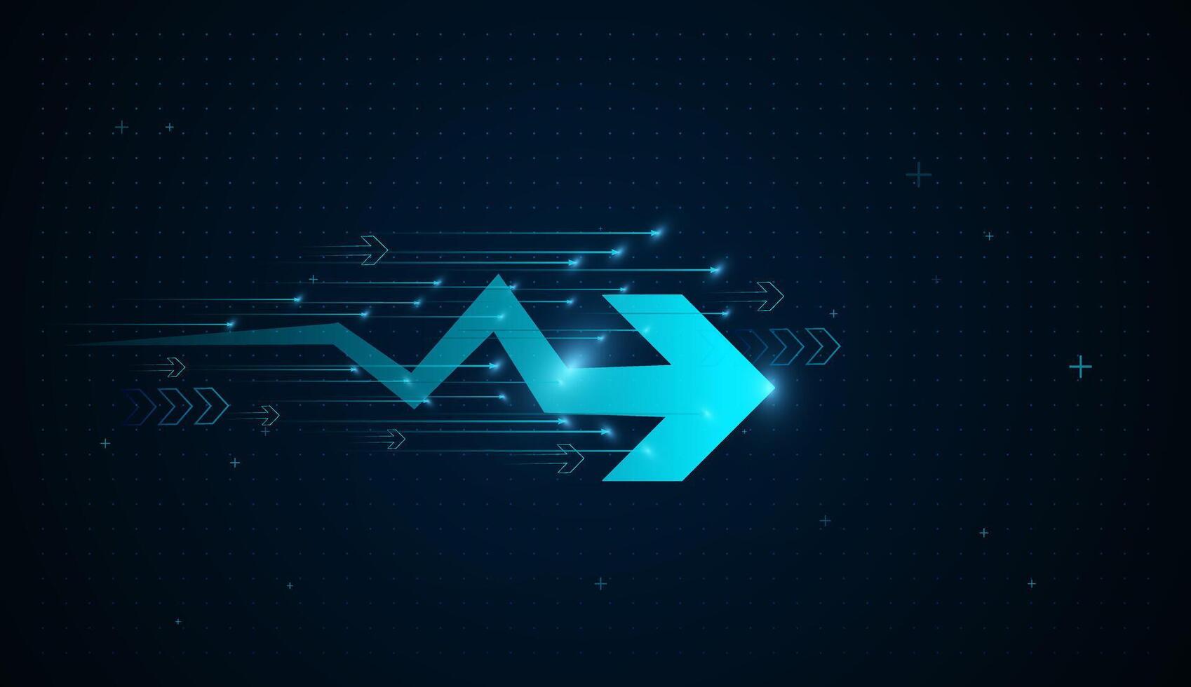 A futuristic arrow moves upward with dynamic light trails, reflecting advancement in technology and analytics. The dark grid background enhances. illustration vector