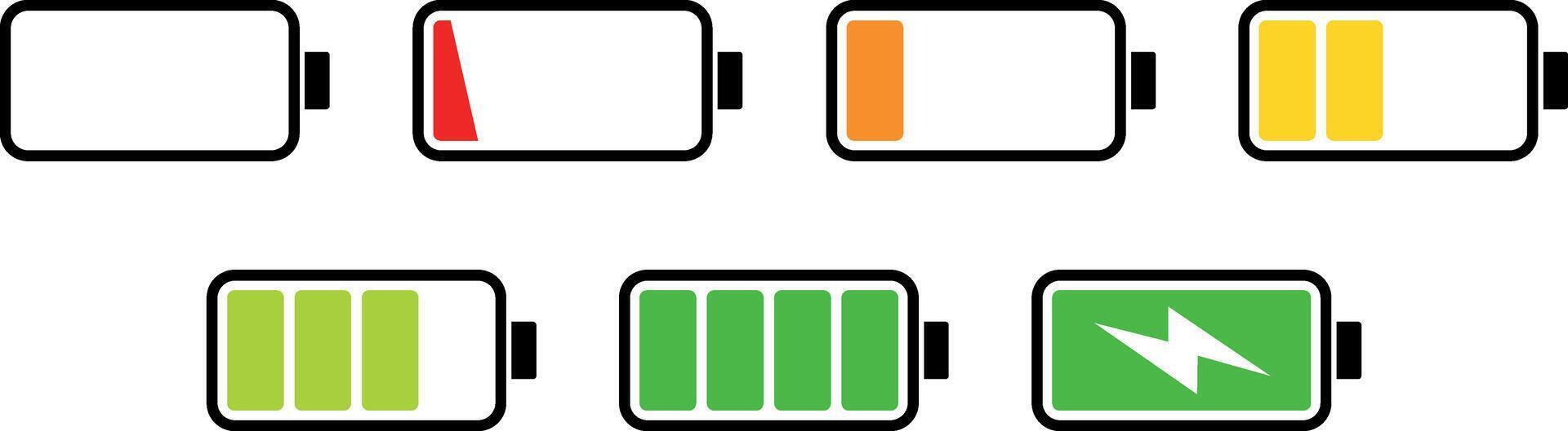 Battery charge levels from empty to full and charged with percentage indicators on a white background vector