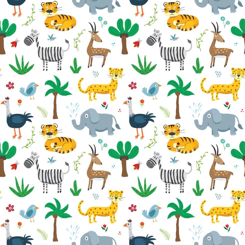 Whimsical jungle creatures in a playful seamless pattern background vector