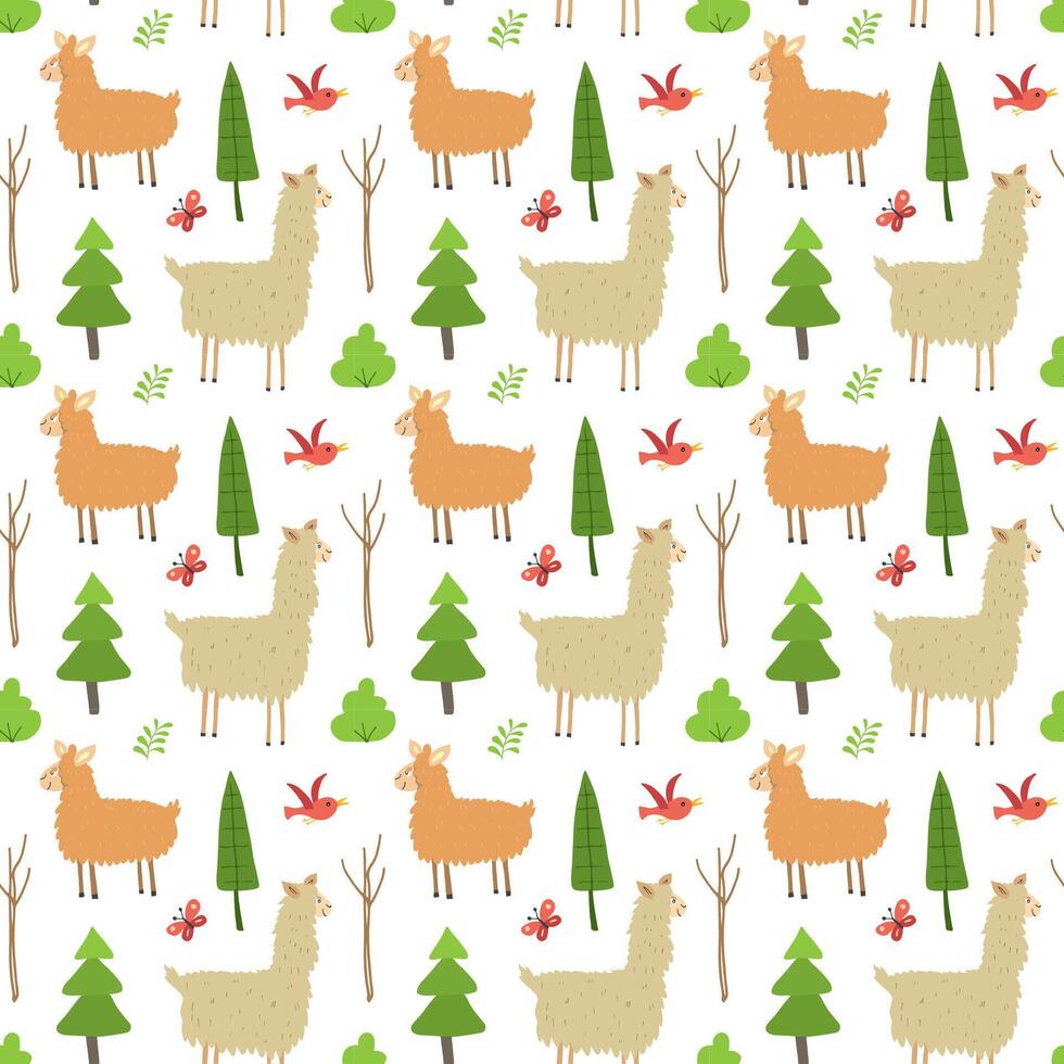 Adorable lama characters in a joyful forest pattern vector