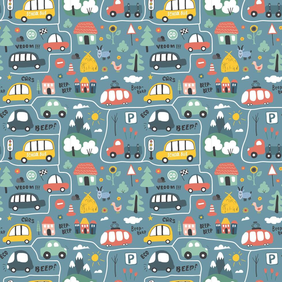Playful cartoon traffic in a joyful repeating pattern vector