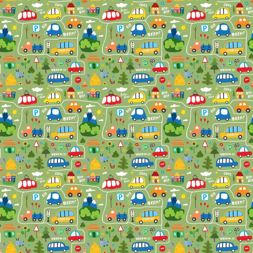 Whimsical mini vehicles in a joyful repeating pattern vector
