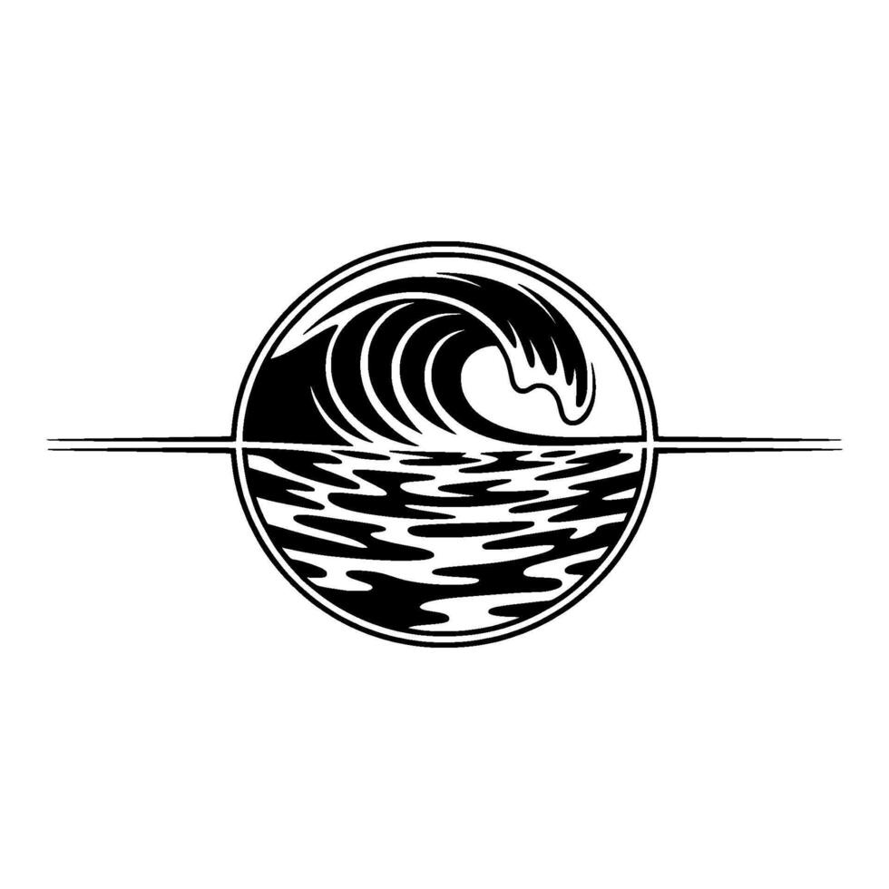 A bold silhouette of a breaking ocean wave and its reflection contained within a circular frame split by a horizontal line symbolizing the horizon vector