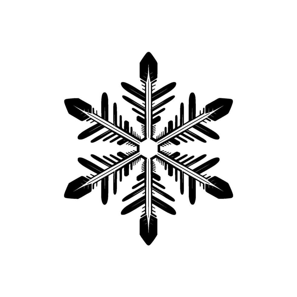 A bold silhouette of a geometrically precise snowflake with intricate feathery branches isolated vector