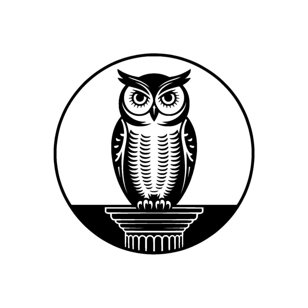 A bold illustration of a stylized owl perched atop an ionic column within a perfect circle symbolizing wisdom knowledge and ancient wisdom vector