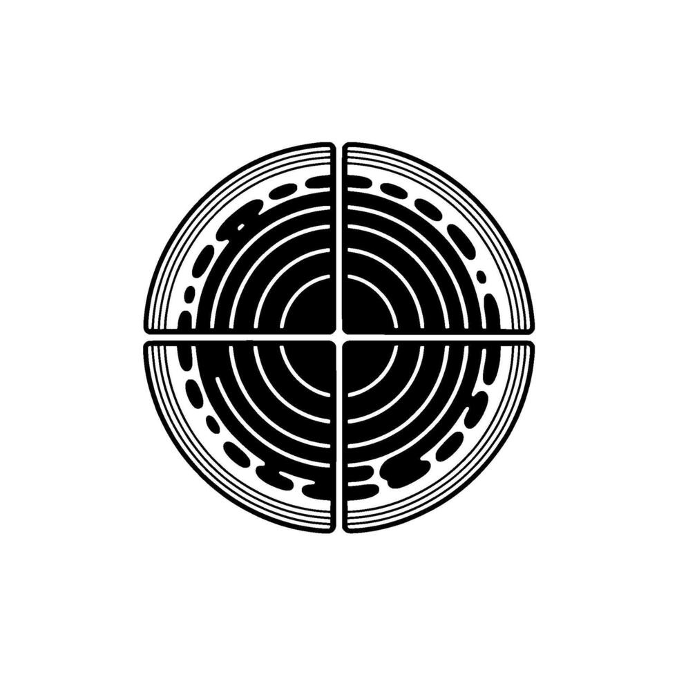 A striking abstract geometric circular divided into four quadrants featuring concentric curved lines and organic dot patterns vector