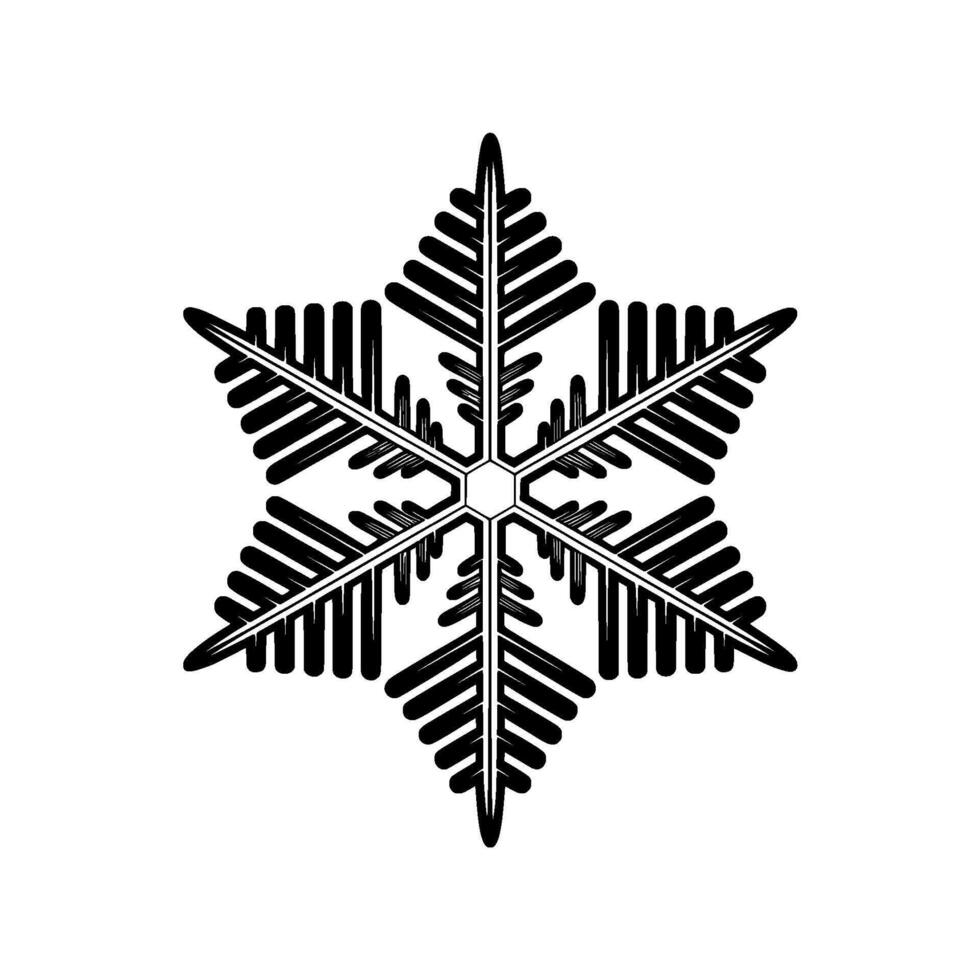 A detailed line art illustration of a symmetrical sixpointed snowflake with intricate branching patterns vector