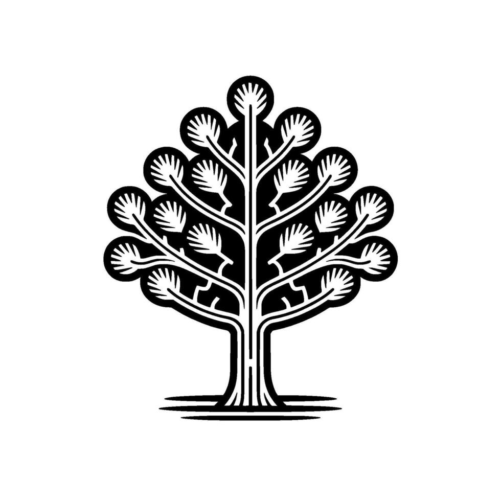 Abstract stylized illustration of a simplified stylized tree silhouette with intricate branching patterns and symmetrical leaf clusters isolated vector
