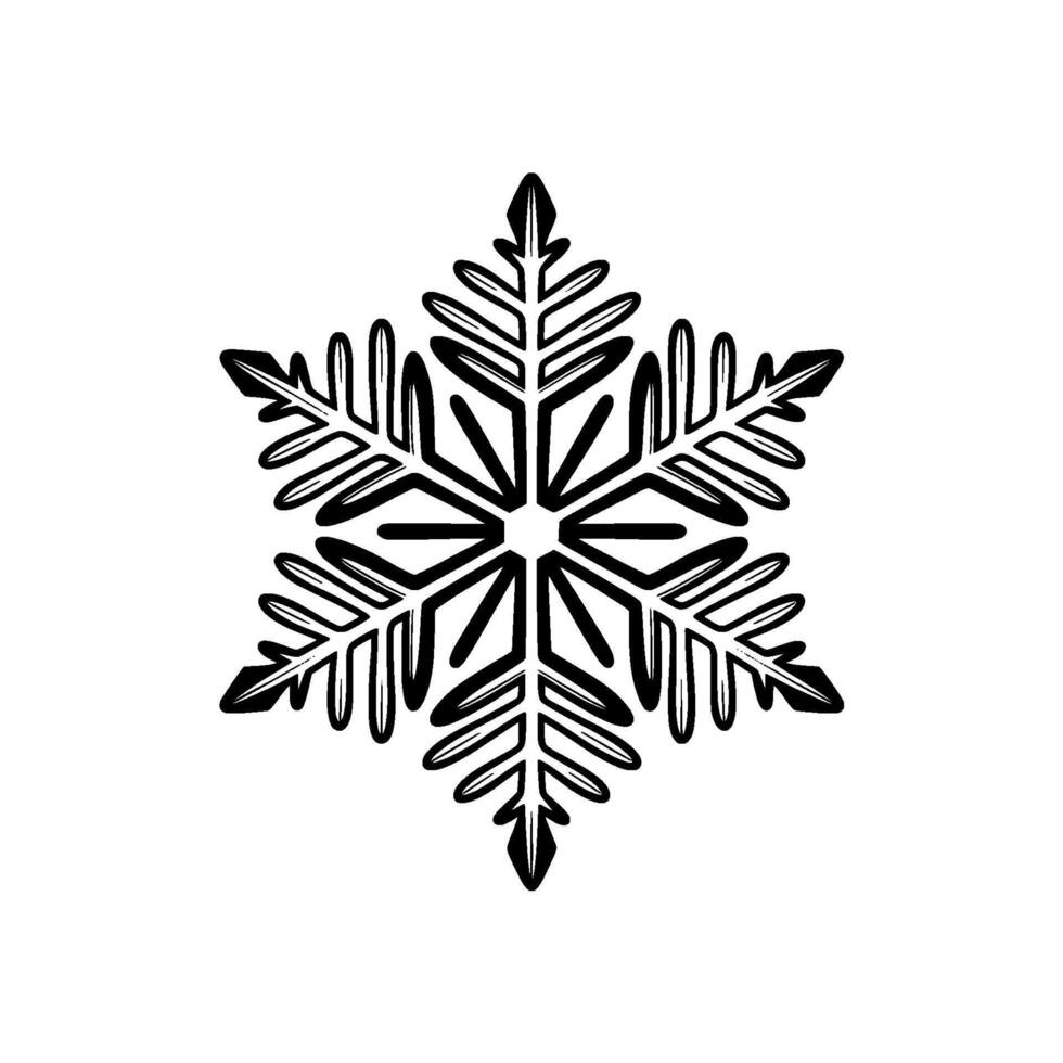 A minimalist outline illustration of a single sixpointed snowflake with intricate symmetrical branching patterns vector